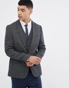 Asos Design Skinny Blazer In Charcoal Wool Mix Grid Check - Gray