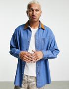 Asos Design Extreme Oversized Denim Shirt With Cord Collar In Mid Wash-blues