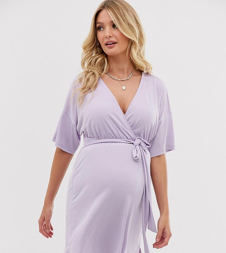Asos Design Maternity Plunge Tie Waist Kimono Sleeve Jersey Slinky Beach Cover Up In Icy Lilac-purple