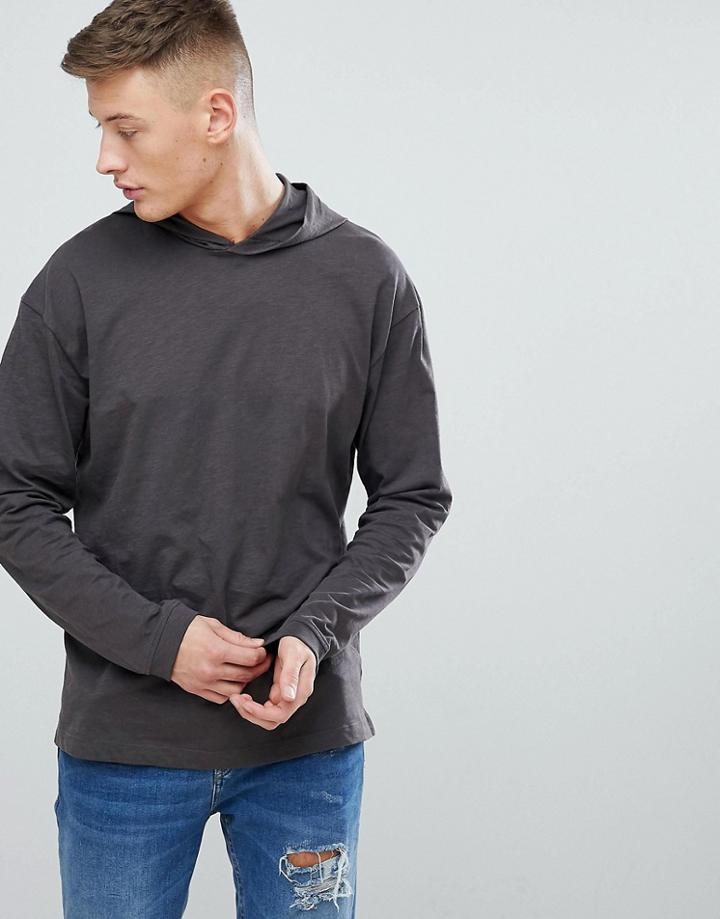 New Look Long Sleeve T-shirt With Hood In Dark Gray - Gray