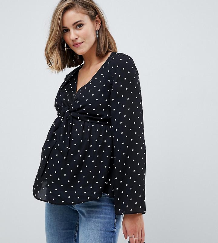 Asos Design Maternity Nursing Top With Tie Front Detail In Polka Dot - Multi