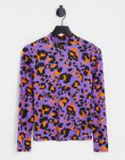Pieces Long Sleeve Top In Purple Animal Print