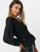 New Look Textured Ruched Front Blouse In Black