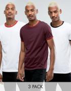 Asos 3 Pack T-shirt With Contrast Neck Trim In White/red/white Save - Multi