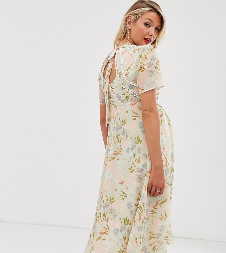 Hope & Ivy Maternity Tie Back Midi Dress In Coral Floral Print - Orange