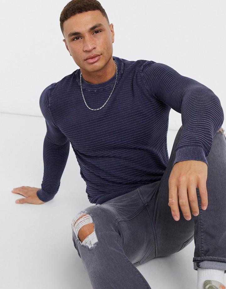 Only & Sons 12 Washed Structure Crew Neck Knit Sweater In Dress Blues
