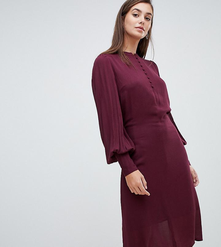 Y.a.s Tall Balloon Sleeve Textured Tie Waist Midi Dress In Burgundy