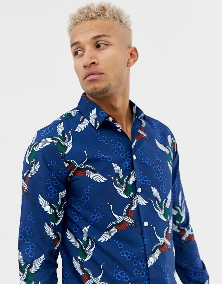 Boohooman Regular Fit Shirt With Crane Print In Navy - Navy
