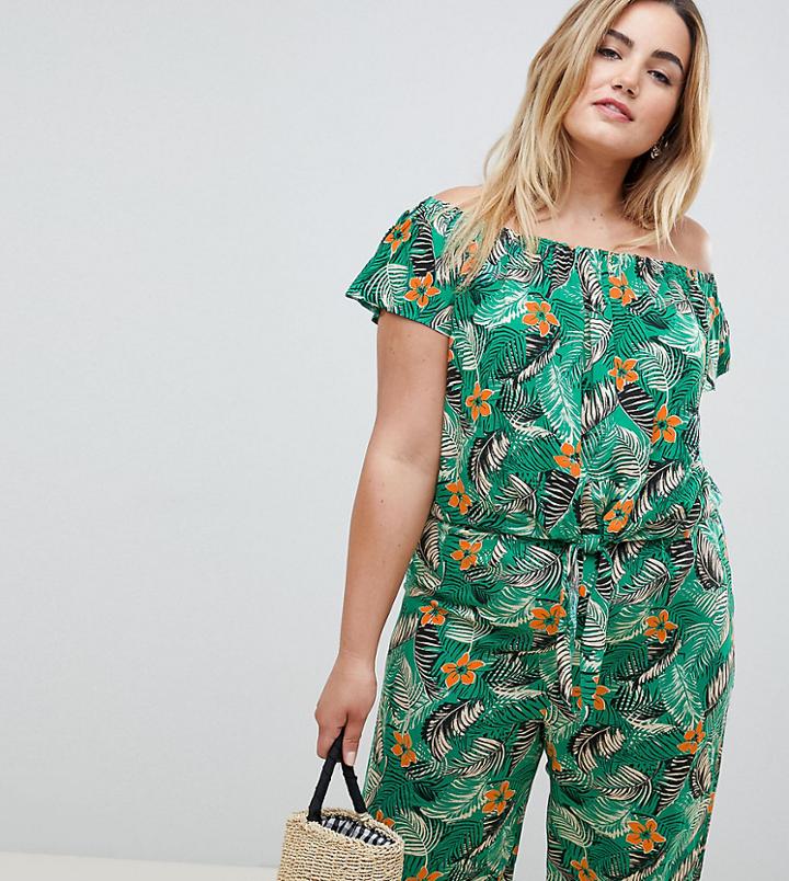 New Look Curve Tropical Tie Front Bardot Top - Green