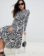 Asos Design Tie Waist Maxi Dress In Zebra Print - Multi