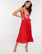 Asos Design Embroidered Pleated Cami Wrap Midi Dress In Red