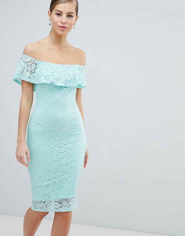 Ax Paris Off Shoulder Frill Overlay Lace Dress - Green
