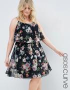 Asos Curve Tiered Dark Floral Mesh Mini Swing Dress - Multi