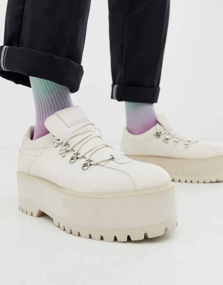 Asos Design Lace Up Shoes In White Faux Leather With Platform Sole - White