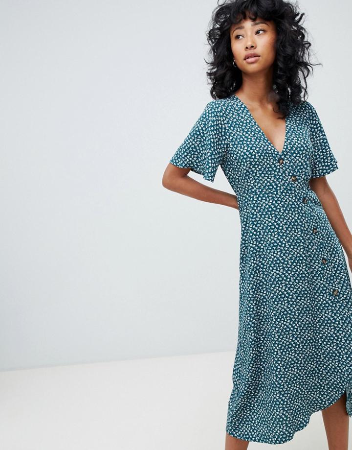 Pull & Bear Button Front Printed Dress - Green