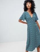 Pull & Bear Button Front Printed Dress - Green