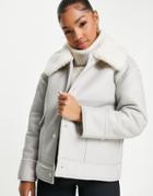 Miss Selfridge Faux Fur Collar Aviator With Front Pockets In Gray-grey