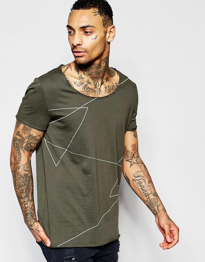 Asos Longline T-shirt With Linear Print And Scoop Neck In Green - Forest Night