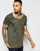 Asos Longline T-shirt With Linear Print And Scoop Neck In Green - Forest Night