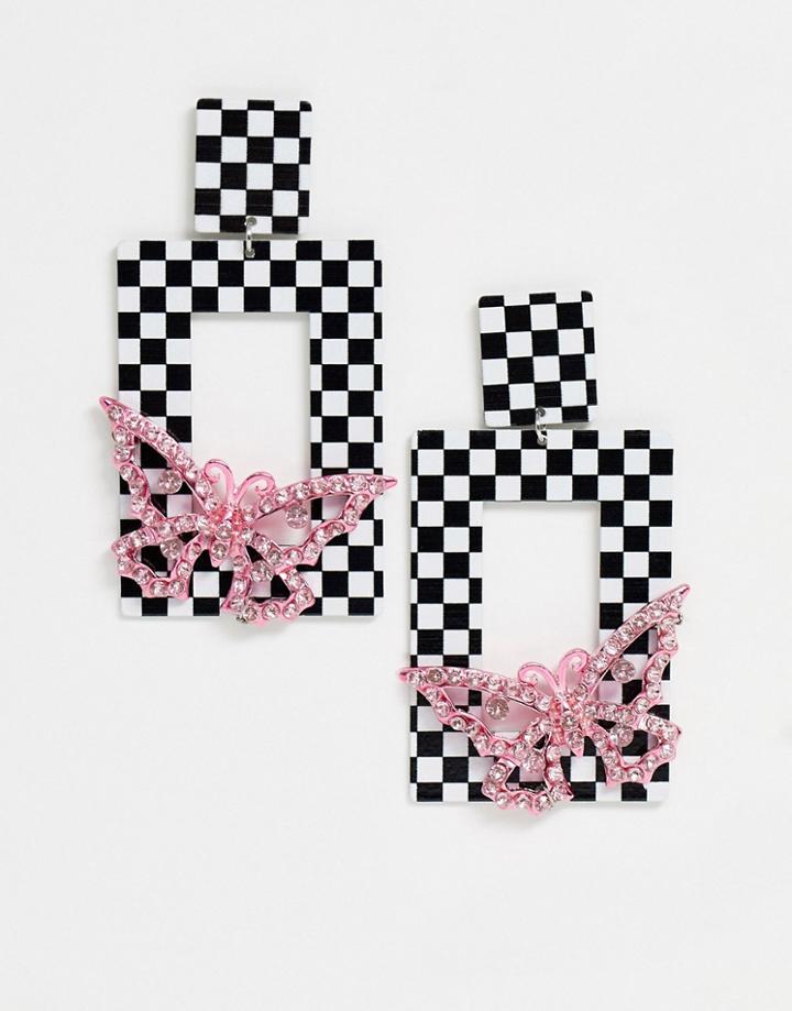 Asos Design Earrings In Checkerboard With Pink Butterfly Detail