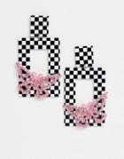 Asos Design Earrings In Checkerboard With Pink Butterfly Detail
