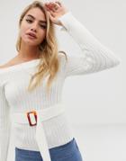 Asos Design Off Shoulder Rib Knit Sweater With Belt Detail - Cream