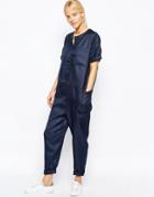 Asos Minimal Jumpsuit In Texture With Short Sleeve - Navy