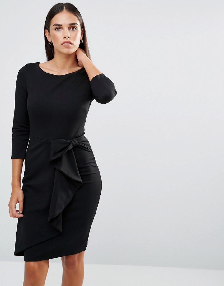 City Goddess 3/4 Sleeve Waterfall Peplum Midi Dress - Black