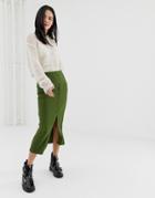 Asos Design Rib Popper Midi Skirt-green