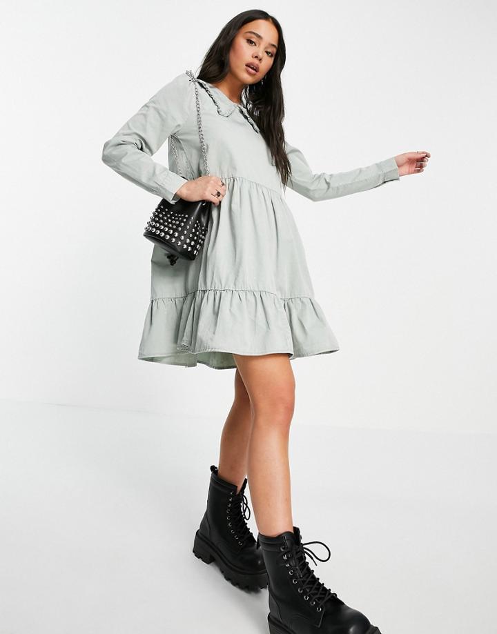 Noisy May Tiered Smock Dress With Prairie Collar In Slate Gray-grey