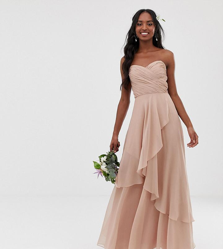Asos Design Tall Bridesmaid Maxi Bandeau Dress With Soft Layered Skirt-pink