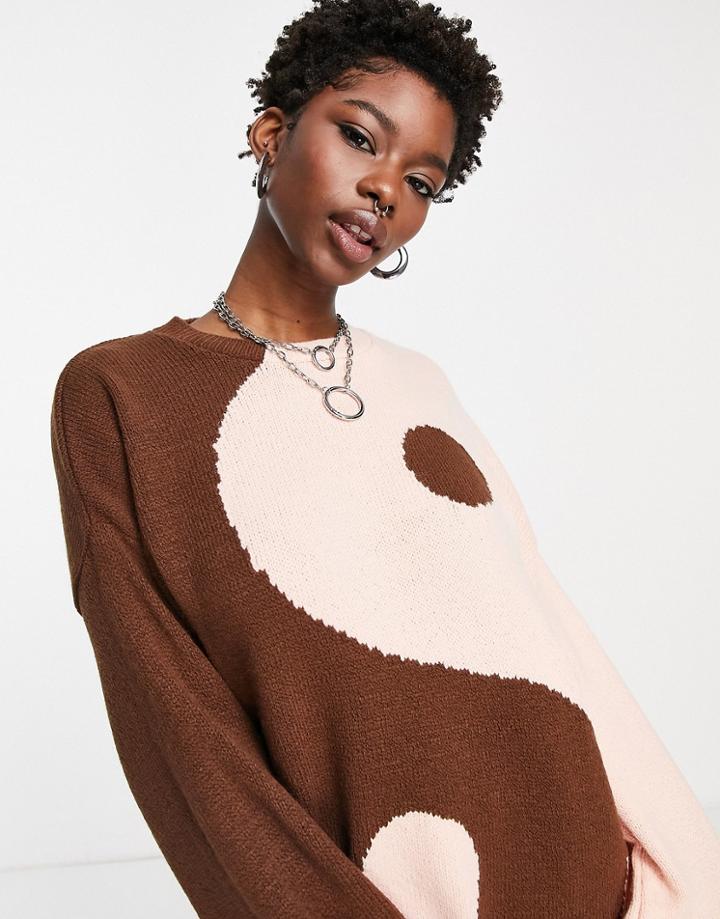 Asos Design Crew Neck Sweater With Yin Yang Pattern-brown