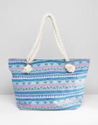 South Beach Blue Geo Print Canvas Tote With Knotted Rope Handles - Multi