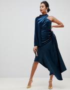 Asos Edition Asymmetric Drape Dress In Velvet - Green