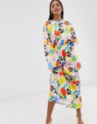 Asos Design Asymmetric Sleeve Maxi Dress In Bright Floral Print-multi