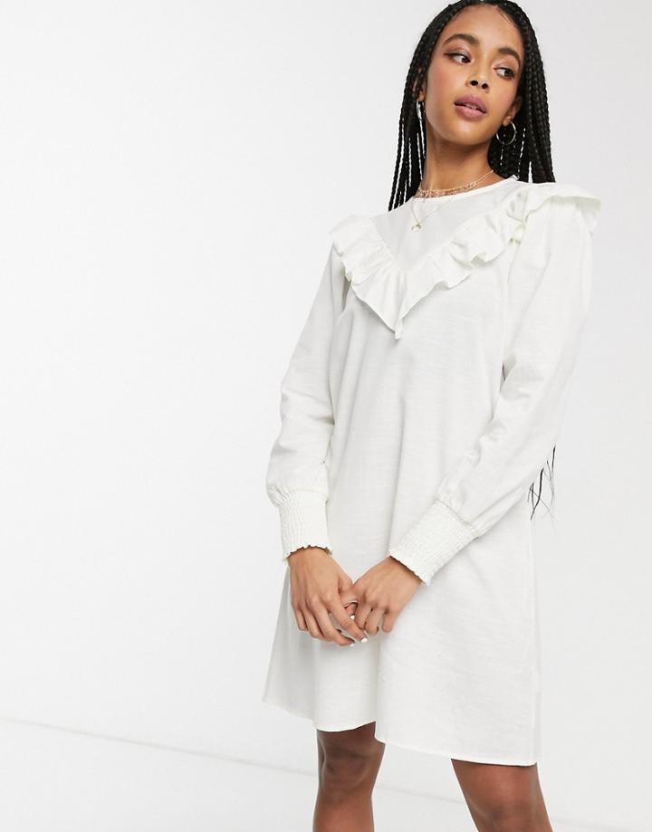 Monki Ruffle Detail Smock Dress In White