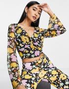 River Island Flared Sleeve Floral Mesh Top In Yellow - Part Of A Set