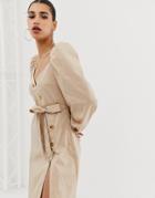 Boohoo Asymmetric Button Through Midi Dress With Gathered Puff Sleeve In Stone - Stone