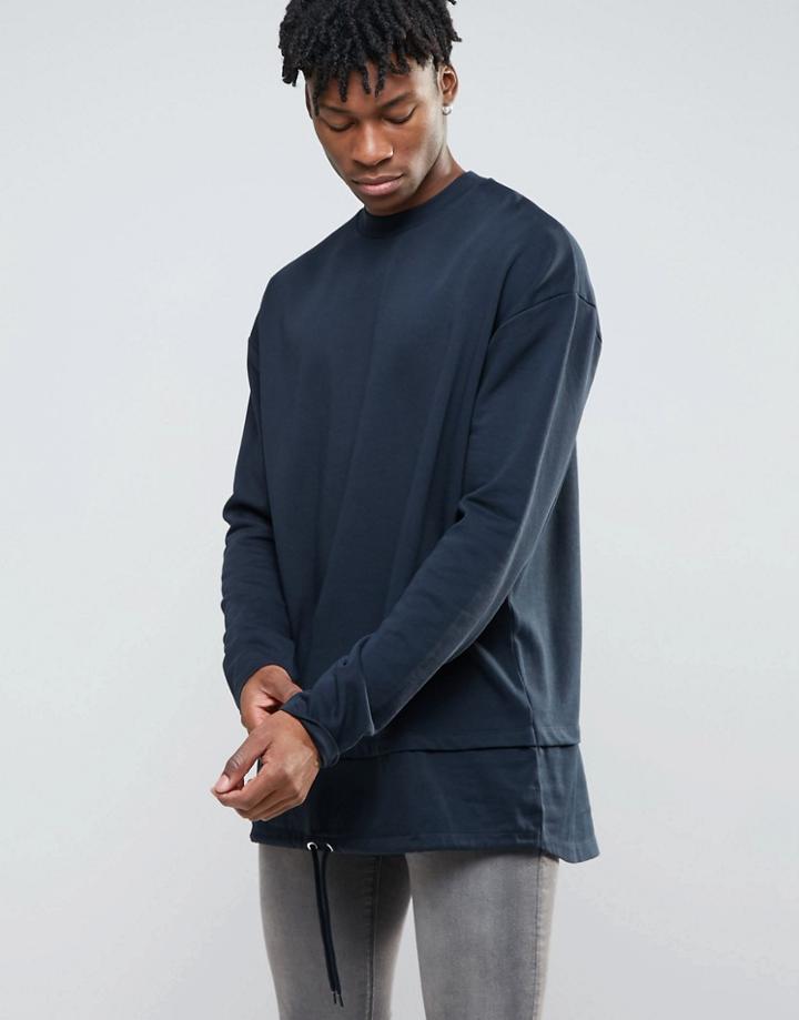 Asos Extreme Longline Sweatshirt With Double Layer Hem - Navy