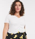 Asos Design Curve V Front Ruched Detail Top With Lettuce Edge Detail In White