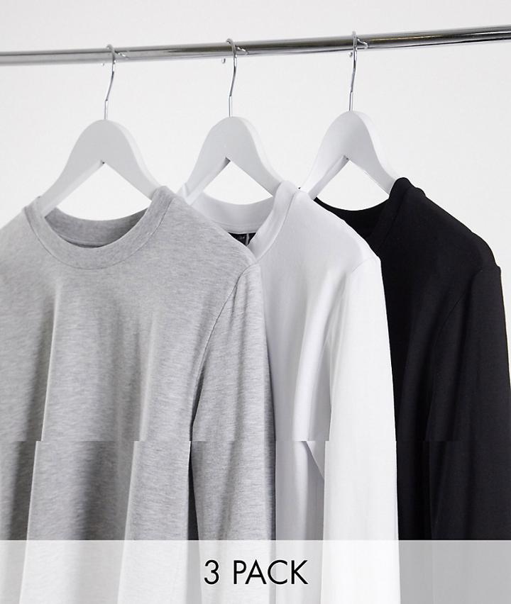 Asos Design 3 Pack Muscle Fit Long Sleeve T-shirt With Crew Neck-multi