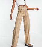 Asos Design Tall Relaxed Dad Pants In Tan Striped Linen-brown