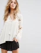 Billabong Relaxed Smock Top With Lace Inserts - Cream
