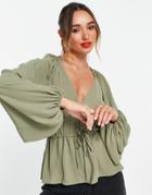 Asos Design Long Sleeve V Neck Top With Kimono Sleeve And Tie Front In Khaki-green