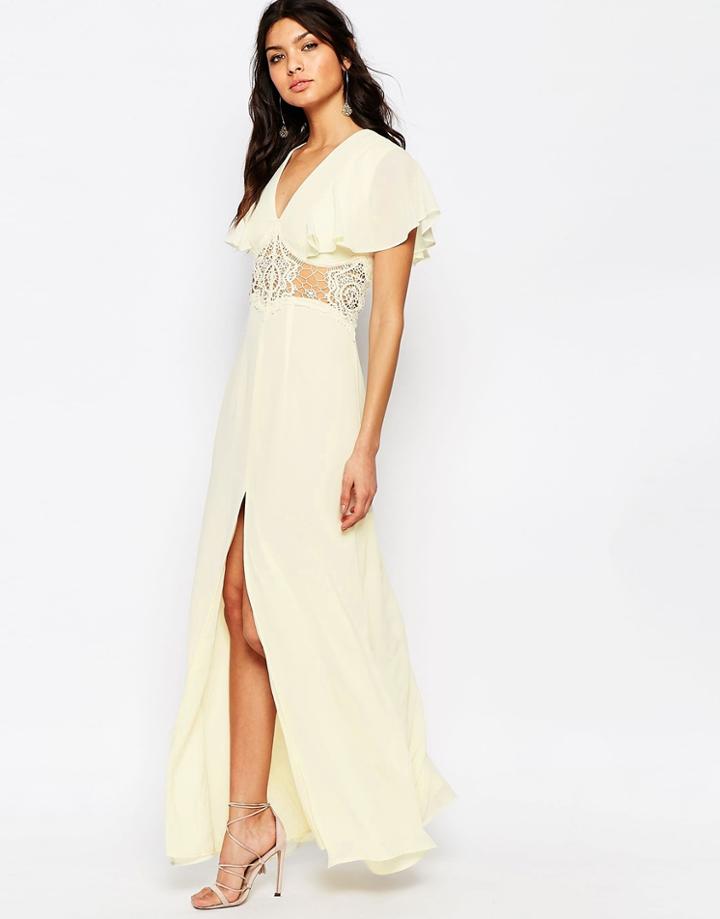 Jarlo Edith Button Front Lace Insert Flutter Sleeve Maxi Dress - Cream