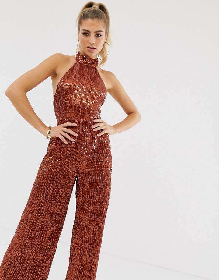 Club L London Halterneck Sequin Wide Leg Jumpsuit Incopper-brown