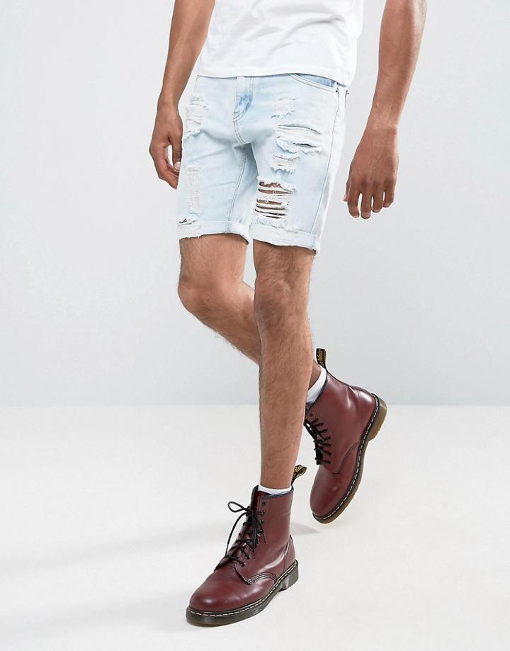 Liquor & Poker Abrasions Bleached Blue Denim Shorts - Blue