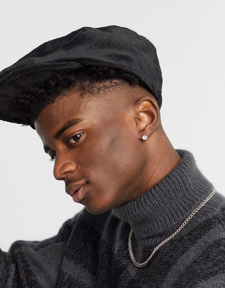 Asos Design Flat Cap In Black Corduroy