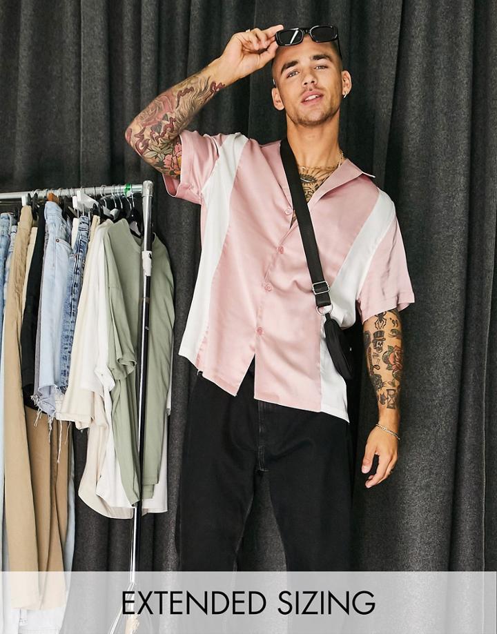 Asos Design Relaxed Satin Resort Shirt With Pleat Detail In Recycled Polyester In Pale Pink