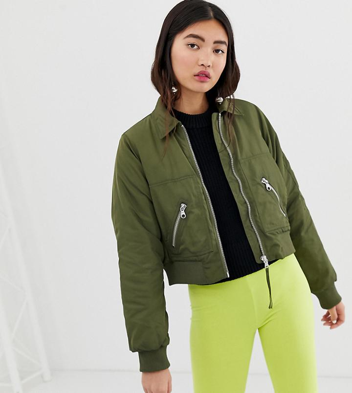 Monki Short Bomber Jacket With Oversized Pockets In Khaki - Green